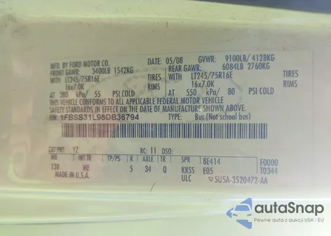 2008 Ford E-350 Super Duty Xl/Xlt z USA, uszkodzony, nr VIN 1FBSS31L98DB36794